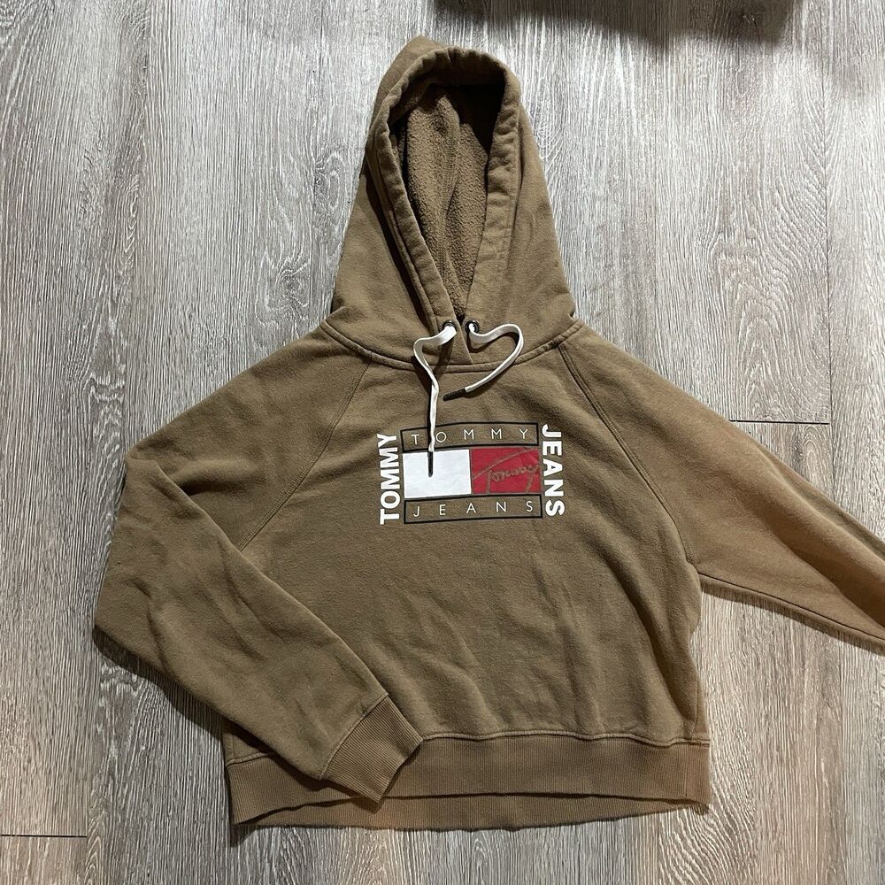 Tommy Jeans Womens Tan Cropped Fleece Hoodie Sweatshirt Logo Graphic Small